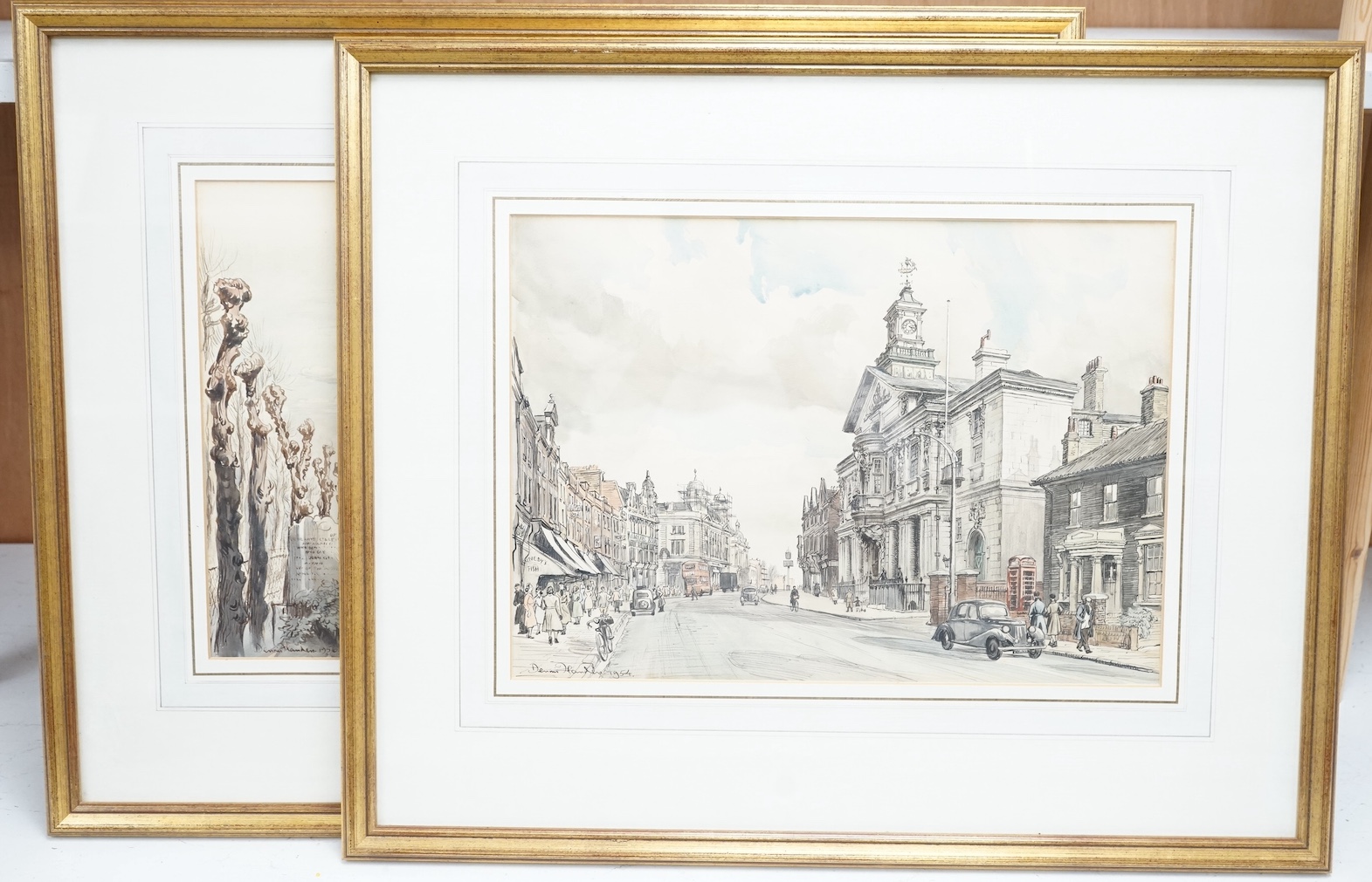Dennis Flanders RBA RWS (1915-1994), two ink and watercolours, comprising: ‘St. Paul's Parish Church’ and ‘Deptford Town Hall and Newcross Road’, each signed and dated, largest 30 x 43cm. Condition - fair